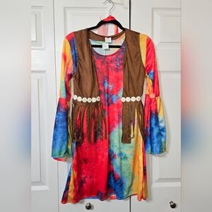 60's Hippie Tie-Dye Dress with Brown Fringe Vest, Small, With Accessories, NWOT